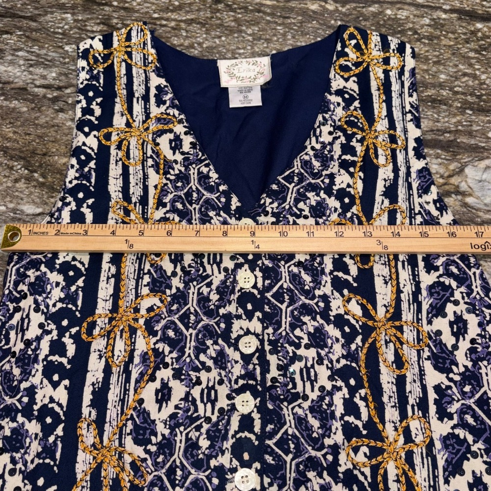 Vintage Embroidered Sequin Vest Womens M Navy Blue Excellent Erika - Picture 3 of 7